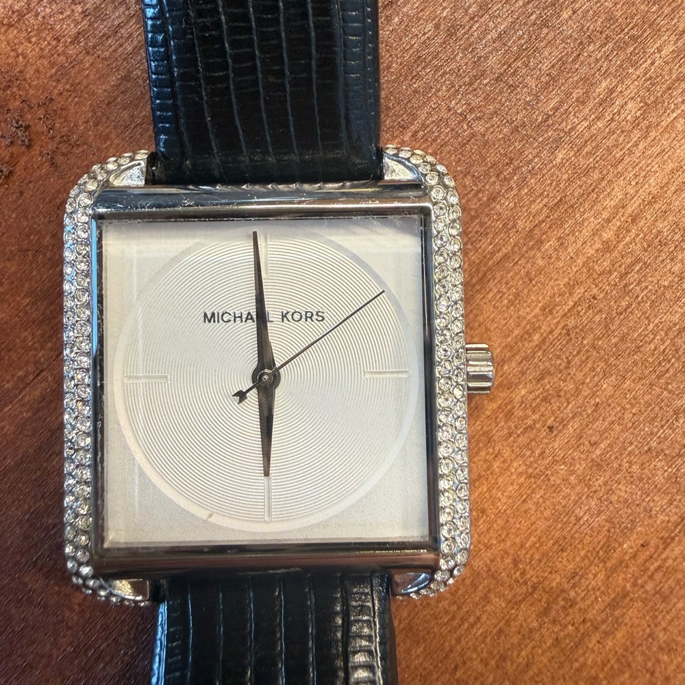 Michael Kors Silver Dial with Black Leather Strap Watch